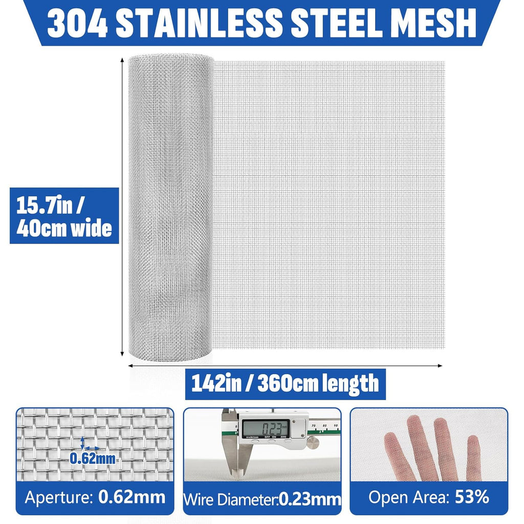 30 Mesh 304 Stainless Steel Mesh Screen, 15.7'' x 142''(40cm x 360cm) Wire Screen Mesh, Rust Free Woven Wire Mesh, Metal Mesh Screen for Air Vents, Window Screen, Filters, Garden Covers