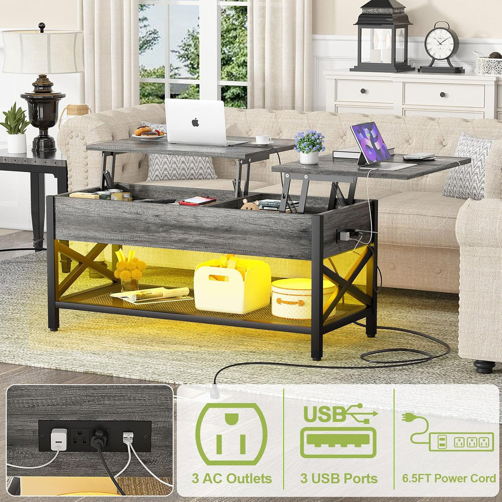 Aheaplus Lift Top Coffee Center Table with LED Light and Power Outlet, Modern Table with Storage Shelf for Living Room, Lift Tabletop, X Support, Metal Frame, Black Oak