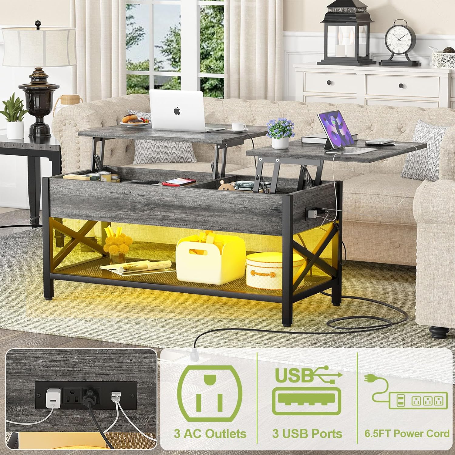 Aheaplus Lift Top Coffee Center Table with LED Light and Power Outlet, Modern Table with Storage Shelf for Living Room, Lift Tabletop, X Support, Metal Frame, Black Oak