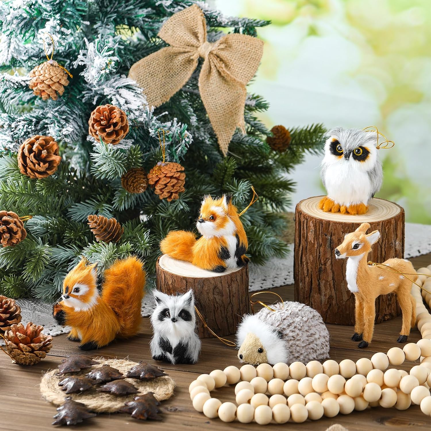 Jenaai 55 Pcs Woodland Christmas Ornaments Set with 6 Woodland Animals Ornaments 10ft Wood Bead Garland 12 Burlap Bows Pine Cones 12 Tree Shaped Bell Pendant & Leaf Artificial for Forest Animals Decor