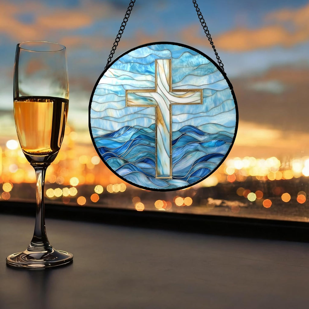 Christian Gifts for Women - Blue Cross Stained Glass Window Hanging Jesus Easter Ocean Waves Sun Catcher Garden Religion Decor Mother's Day Catholic Gift for Men Grandma Mom Her Nana 7.8"