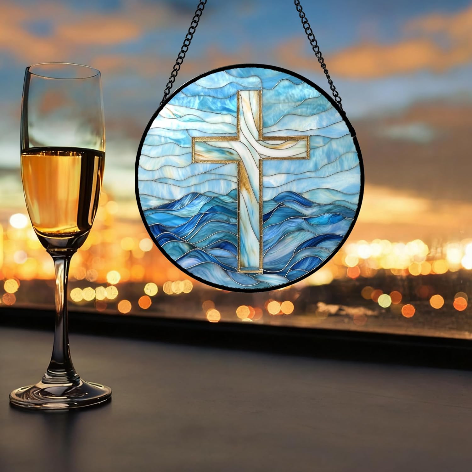 Christian Gifts for Women - Blue Cross Stained Glass Window Hanging Jesus Easter Ocean Waves Sun Catcher Garden Religion Decor Mother's Day Catholic Gift for Men Grandma Mom Her Nana 6.3"