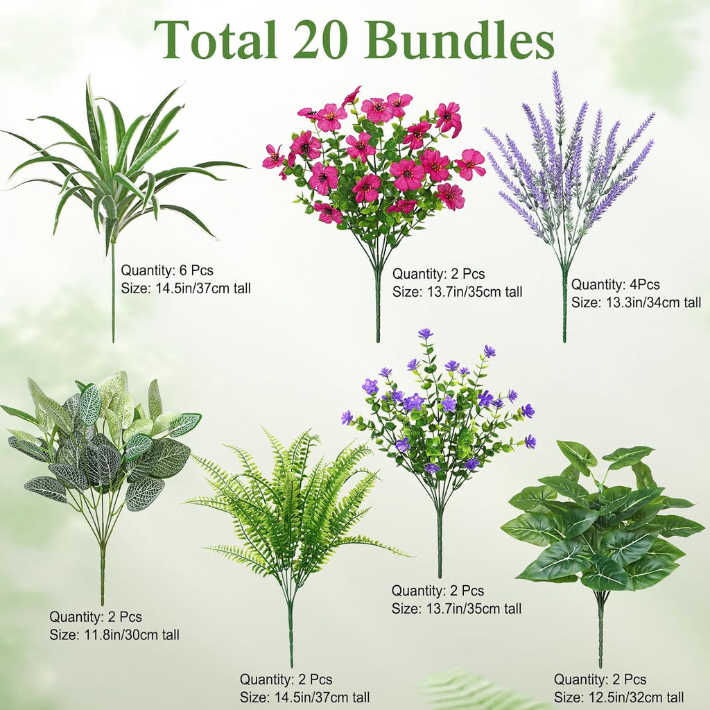 DEMIUKO 20 Bundles Artificial Plants Outdoor Fake Flowers UV Resistant Faux Greenery Stems Fake Ferns Shrubs Plastic Plants for Garden Patio Porch Yard Window Box Home Decor (Lavender Flower, 20PCS)
