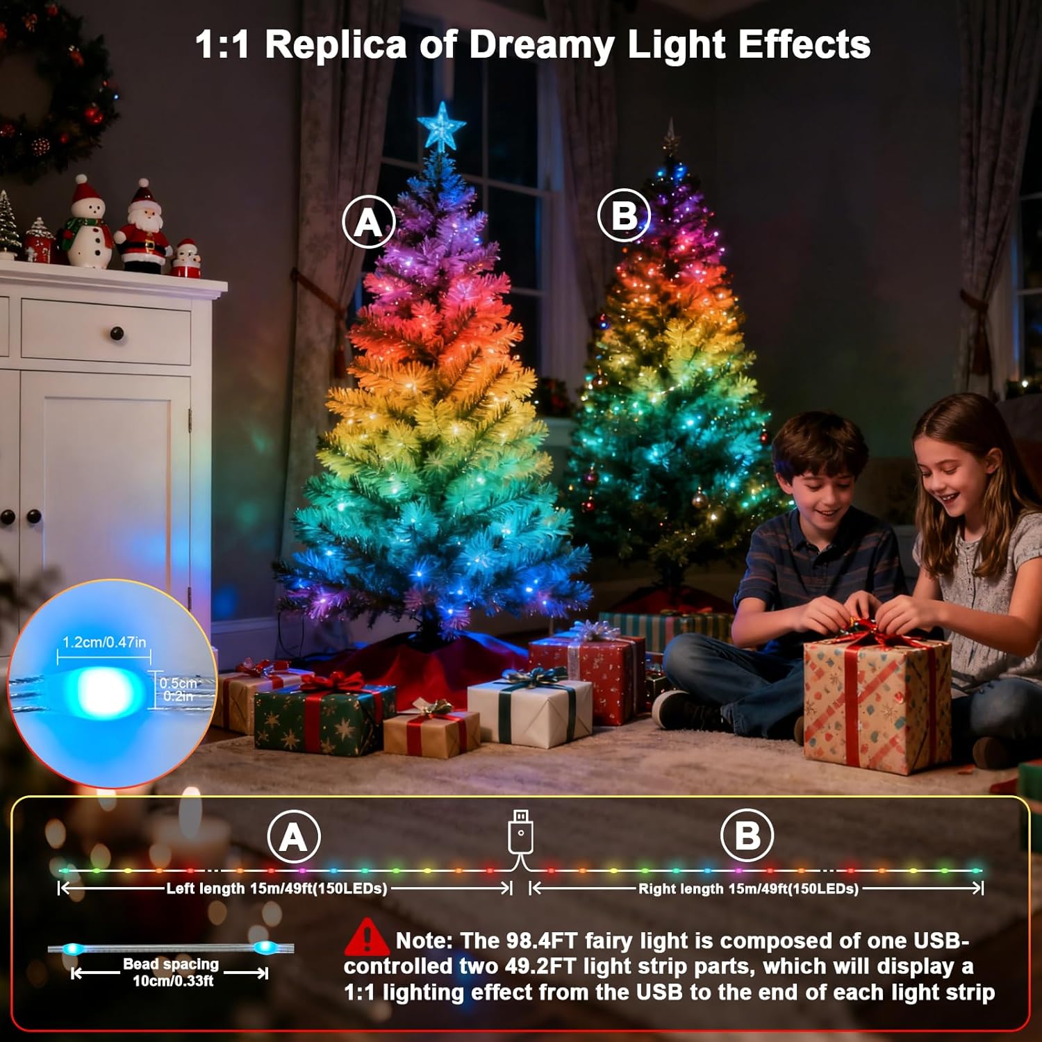 Smart Fairy Lights 98.4Ft, Color Changing led String Lights with Remote & APP Control, DIY RGB-IC Dynamic Multicolor Twinkle Light, Music Sync for Indoor Christmas Room Bedroom Party Decor
