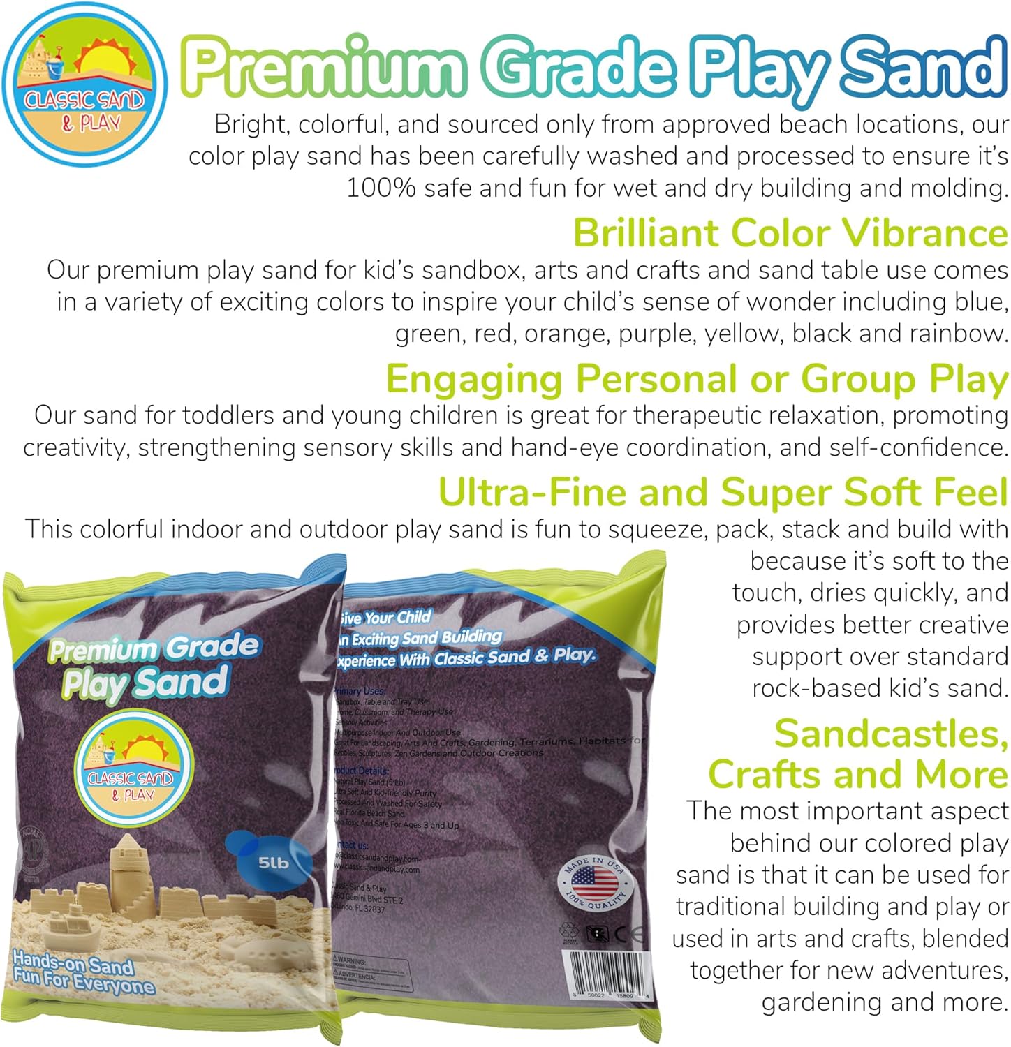 Classic Sand and Play Purple Colored Play Sand, 5 lb. Bag, Natural and Non-Toxic, Fun Wet and Dry Indoor and Outdoor, Sandbox, Therapy, and Table Use, Building, Stimulate Sensory Needs