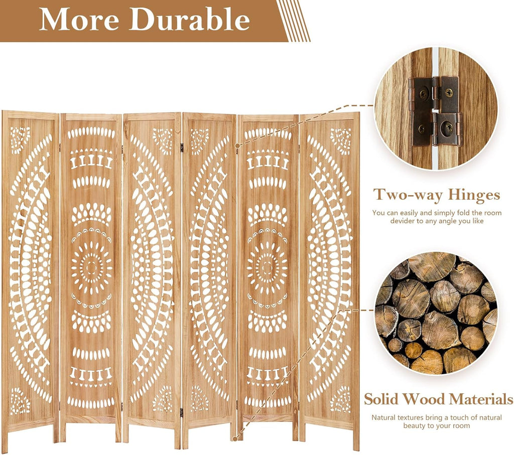 Room Dividers and Folding Privacy Screens, Boho 6 Panel Room Divider, 67" Room Divider Wall, Modern Room Partition, Privacy Dividers for Rooms, Bedroom, Light Brown