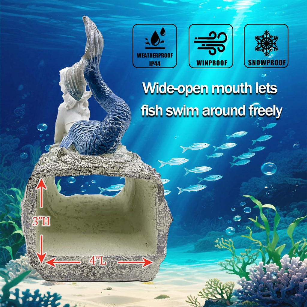 Teaeeno Faux Log Fish Cave, Predator Control and Decorative Shelter for Koi and Fish, Ponds, Aquariums, and Terrariums, Mermaid Statue Decor, Mermaid Decoration Sculptures