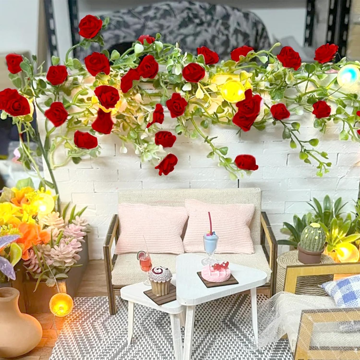 Warmtree Realistic Miniature Artificial Rose Vines Cute Flower Decorations DIY Mini Model Railway Fairy Garden Architecture Diorama Scenery Landscape Layout (Red)