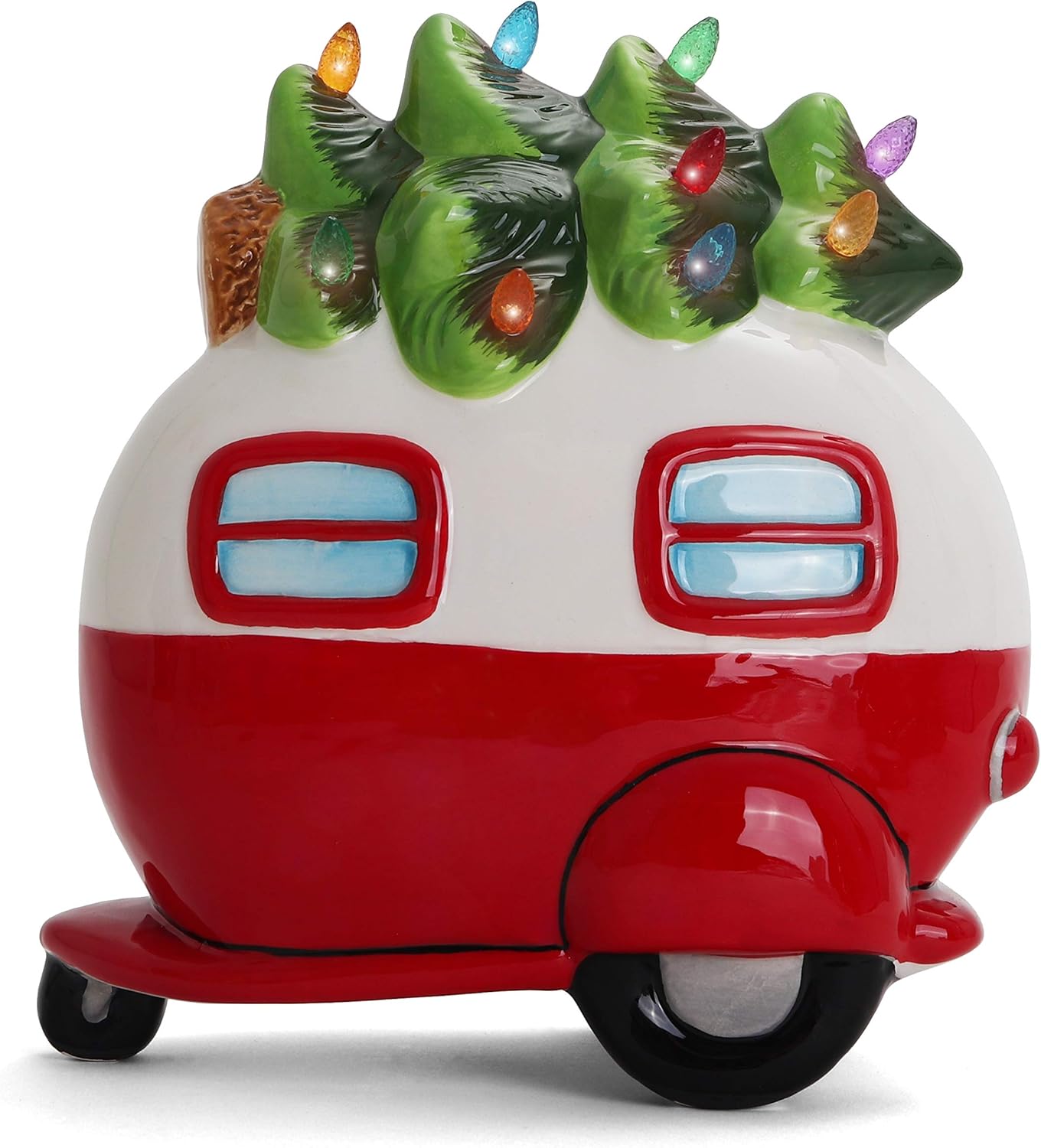 Milltown Merchants Ceramic Christmas Tree and Camper - Lighted Vintage Decor With Tree Lights
