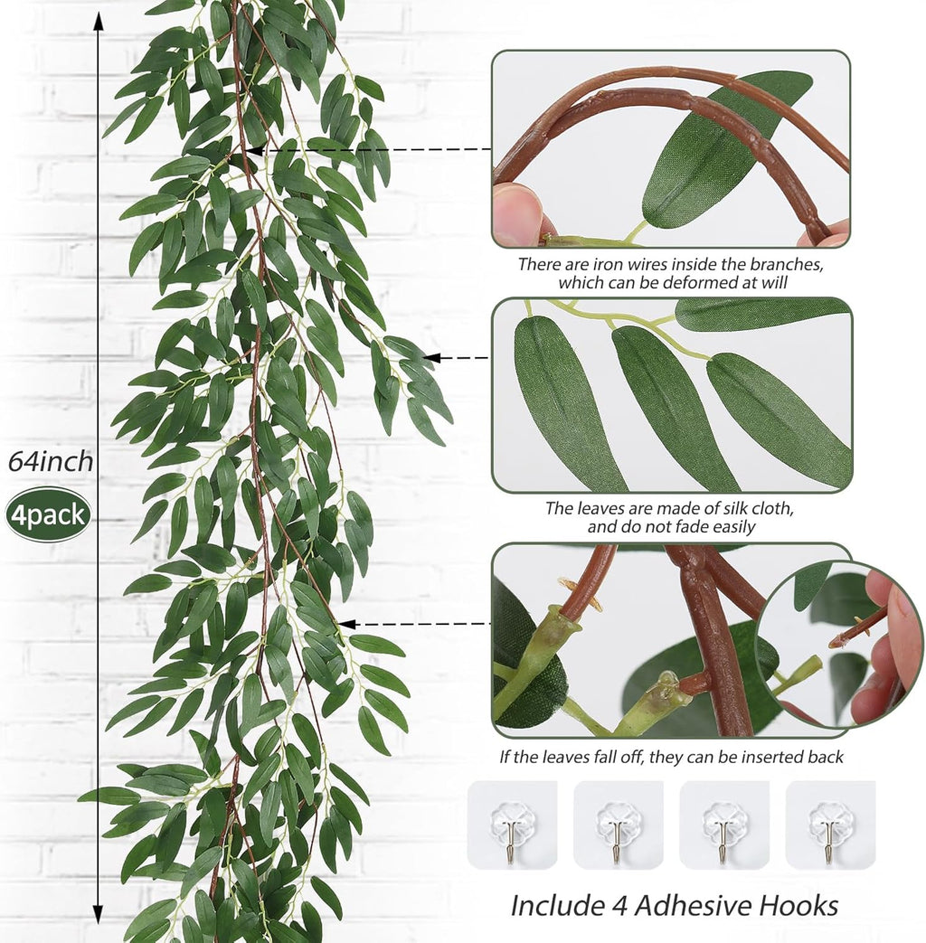 RECUTMS 4Pcs Artificial Willow Leaves Vine Twigs 5.7Ft Silk Willows Leaf Ivy Garland Faux Greenery Ivy Plant Decor for Indoor Outdoor Wedding Jungle Beach Birthday Party Garden Table Spring Summer