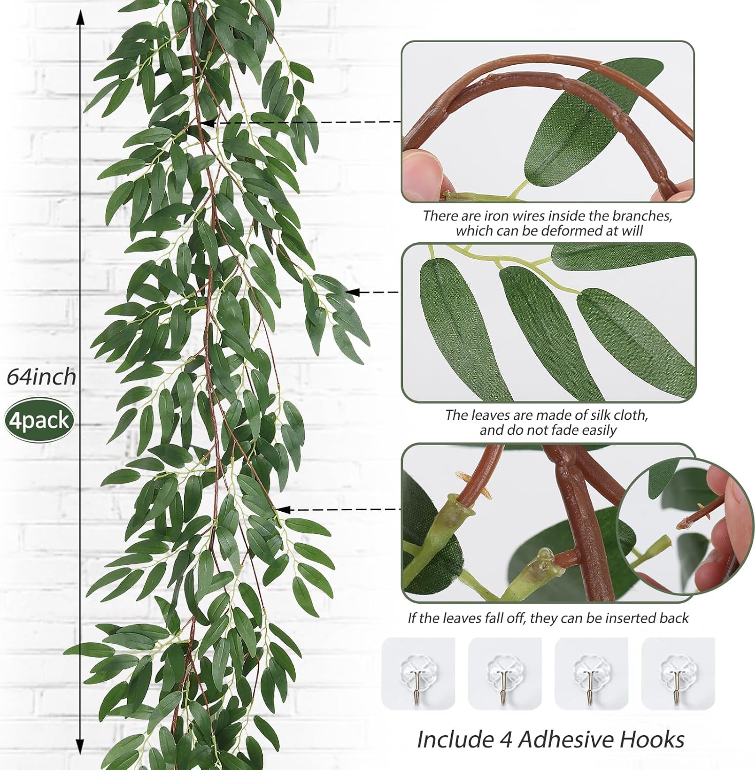 RECUTMS 4Pcs Artificial Willow Leaves Vine Twigs 5.7Ft Silk Willows Leaf Ivy Garland Faux Greenery Ivy Plant Decor for Indoor Outdoor Wedding Jungle Beach Birthday Party Garden Table Spring Summer