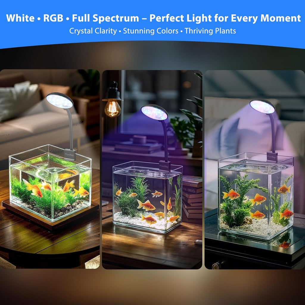 Mini Clip-On Aquarium Light 7W USB Dimmable Fish Tank Lamp with 3 Light Modes (White/RGB/Full Spectrum), 9-Level Brightness, 360° Adjustable Gooseneck for 1–3 Gallon Tanks
