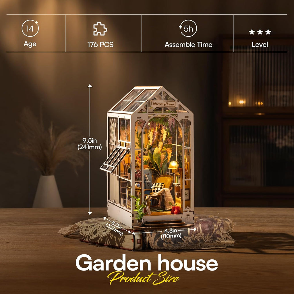 ROBOTIME Book Nook Kit - DIY Miniature House Kit, 3D Wooden Puzzle Booknook, Bookend Bookshelf Insert Decor with LED Light, DollhouseTiny House Hobby Diorama Kit Unique Gifts (Garden House)