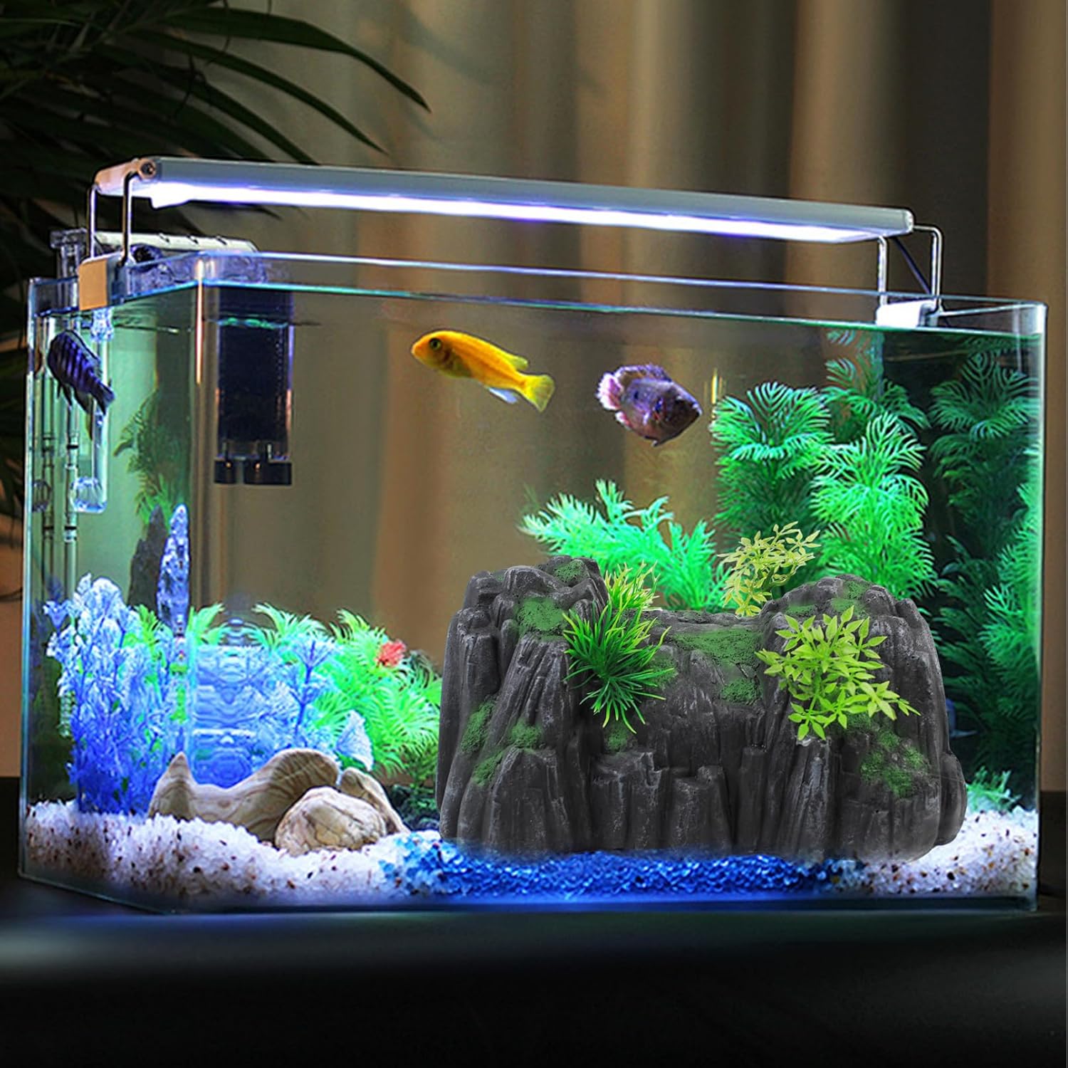 Fish Tank Hideout Cave Decor,Resin Rock Mountain Tunnel with Moss Plants Betta Cichlid Habitat Shelter for Aquarium Fish Tank Accessories 9.5 x 6 x 4 Inch