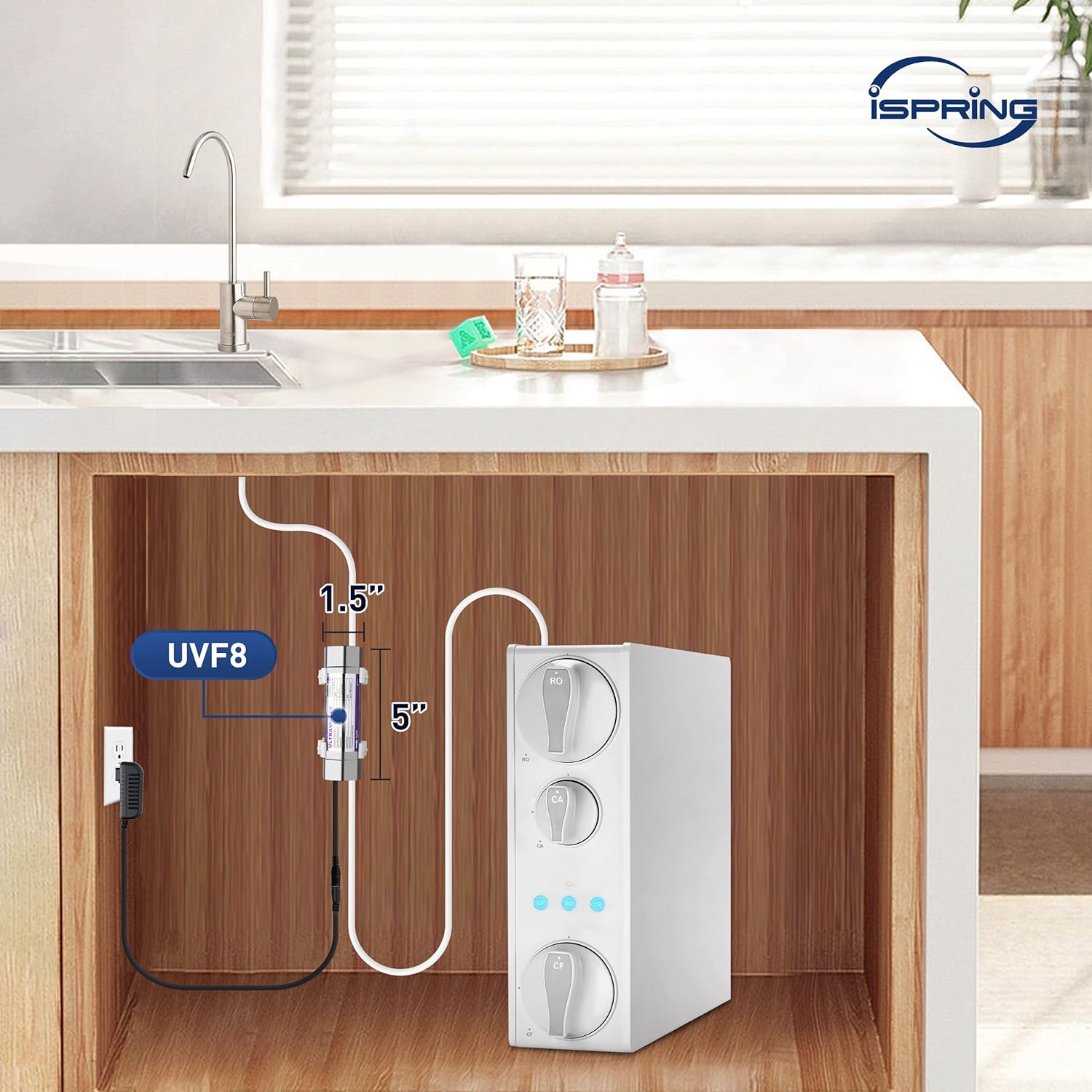 iSpring RO500AK-BN+UVF8 Tankless Reverse Osmosis Water Filtration System with Natural pH Alkaline Remineralization and LED UVF8 Light, 500 GPD RO System, Brushed Nickel Faucet, 2:1 Pure to Drain Ratio