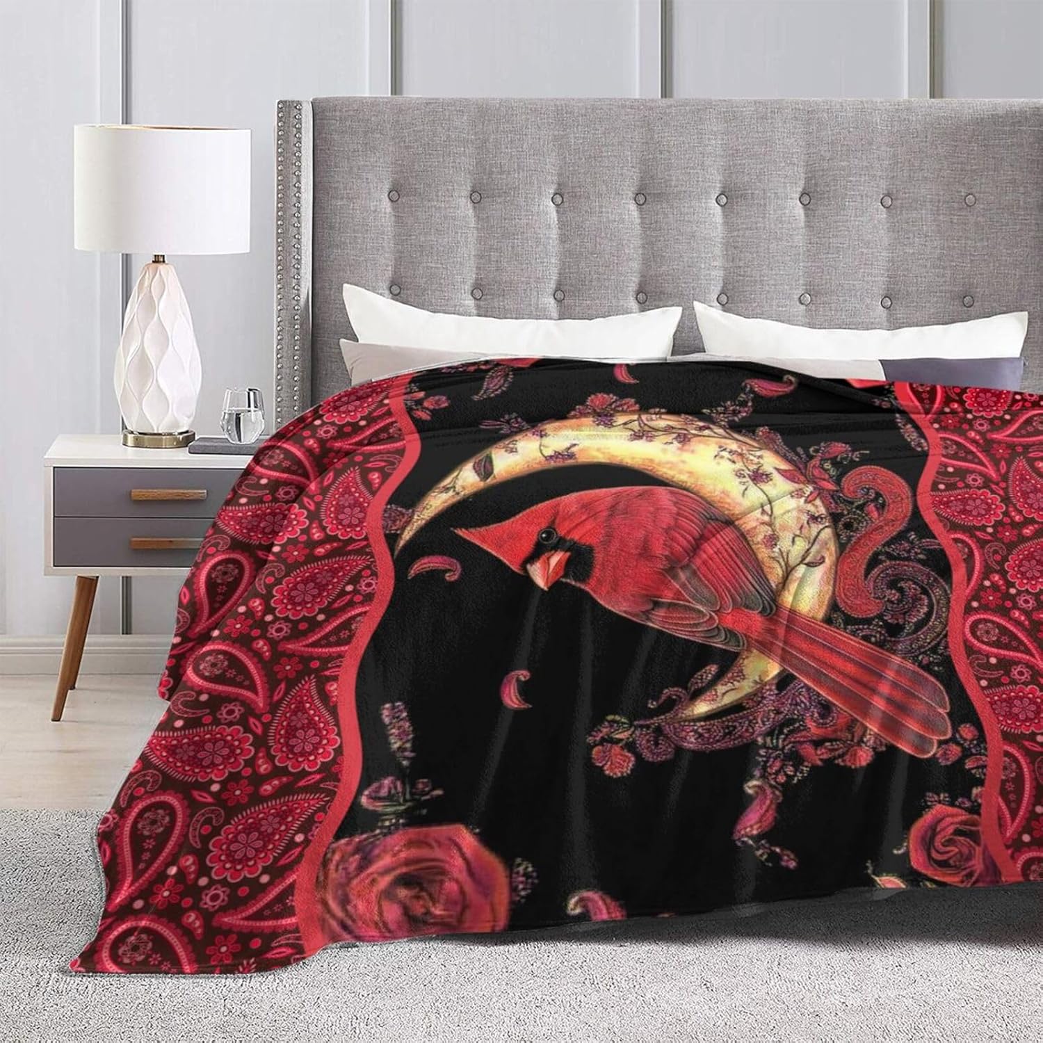 Cardinal Blanket Cardinals Moon Throw Red Bird Christmas Blanket Flannel Stuff Merch Cozy Decor Fleece Plush Fuzzy Warm Soft Lightweight Bedding Gifts for Lover Girls Women Men Boy Couch Sofa 60"X50"