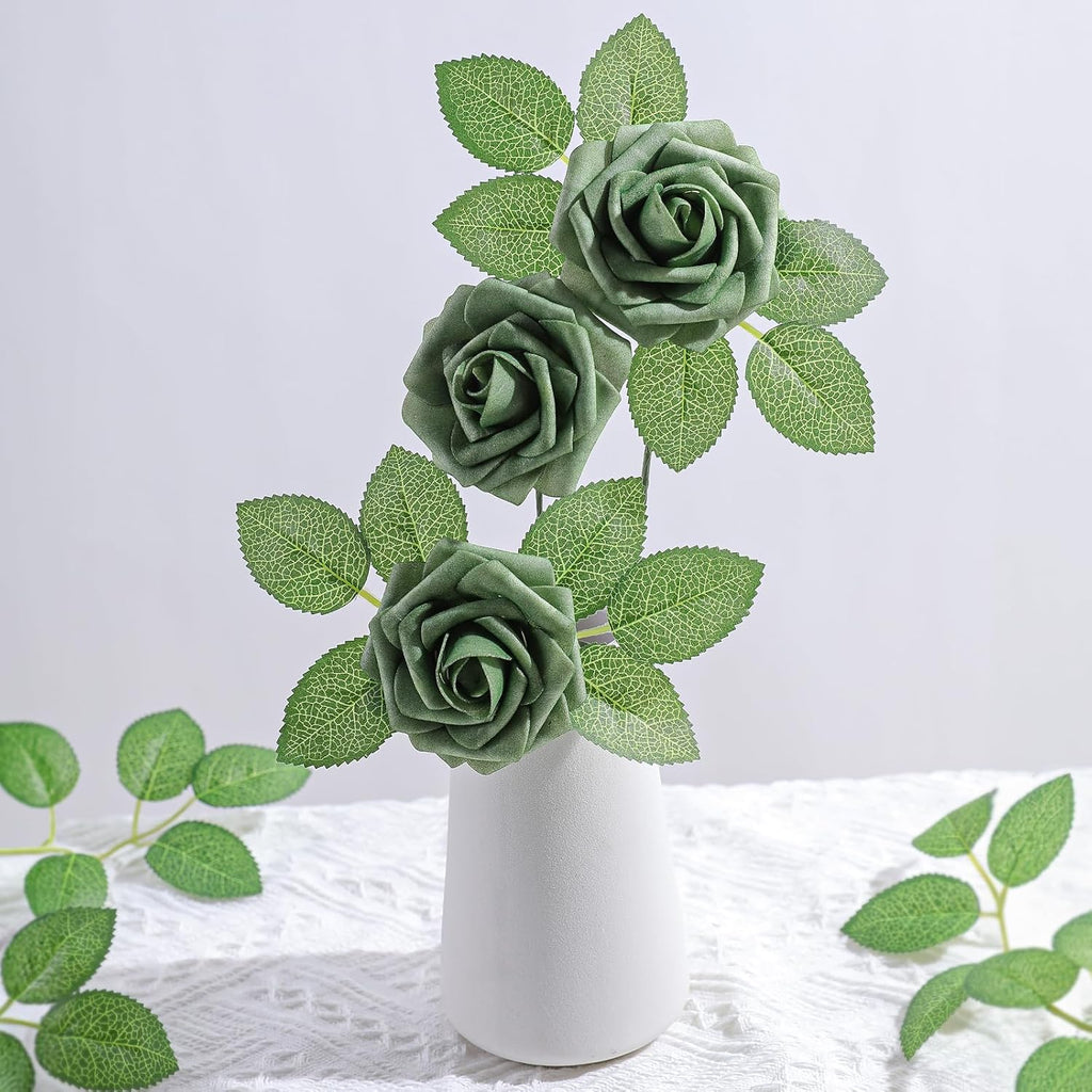 AmyHomie Artificial Flowers Green Rose 25pcs Real Looking Fake Roses w/Stem for DIY Wedding Bouquets Centerpieces Arrangements Party Baby Shower Valentines Day Christmas Tree Decorations