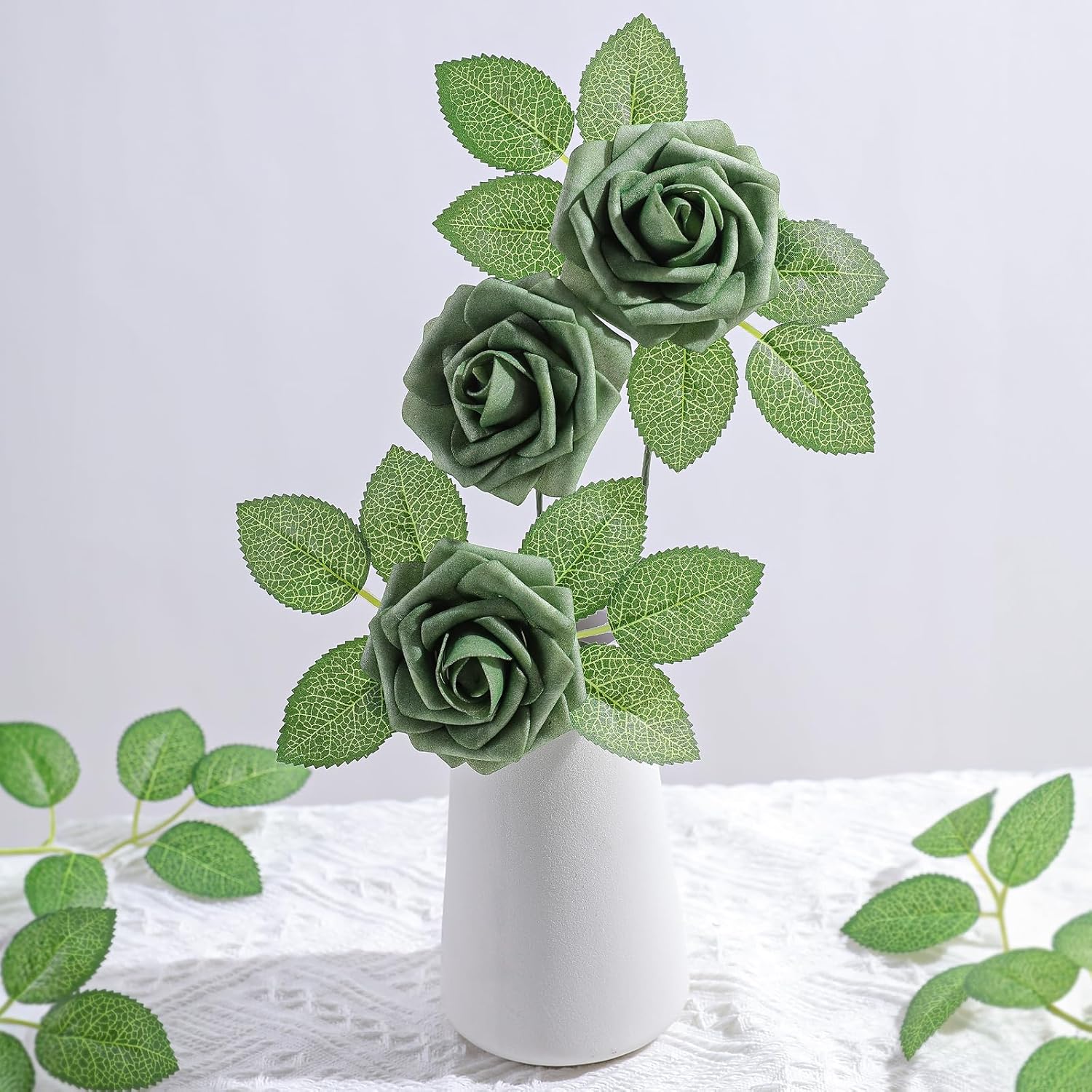 AmyHomie Artificial Flowers Green Rose 25pcs Real Looking Fake Roses w/Stem for DIY Wedding Bouquets Centerpieces Arrangements Party Baby Shower Valentines Day Christmas Tree Decorations