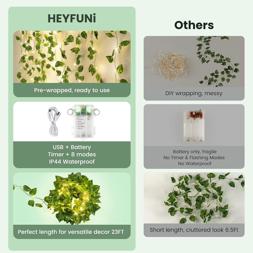 HEYFUNi Vines with Lights, 23 Ft 73 Led Faux Pothos Vines with Fairy Lights USB/Battery Operated, Leaf String Lights for Bedroom, Wall, Balcony, Wedding Decor, Warm White