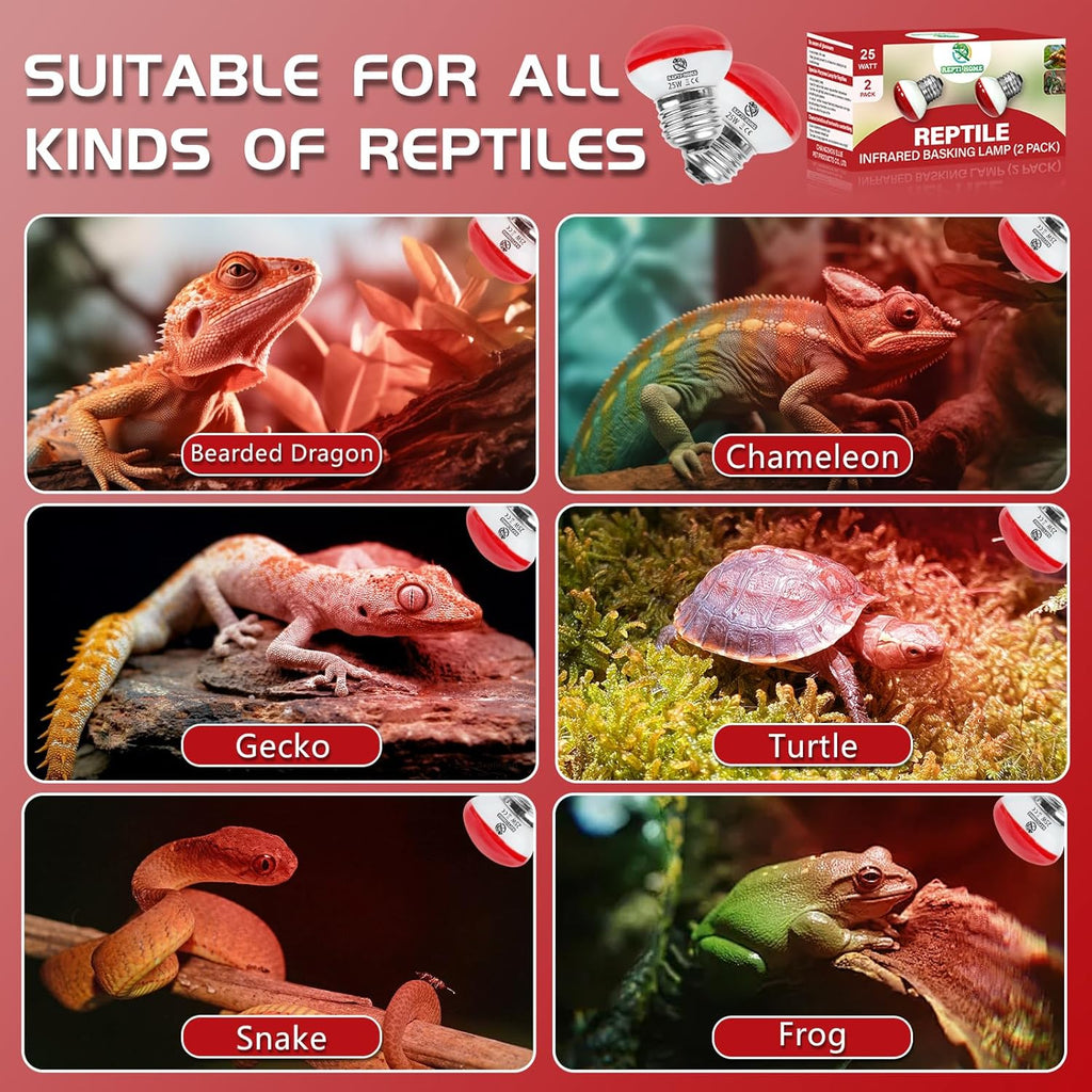 Infrared Reptile Heat Lamp, UVA Red Heat Light Bulb 25W, 2 Pack Reptile Heat Bulb, Infrared Basking Spot Light for Snake, Leopard Gecko, Turtle, Lizard