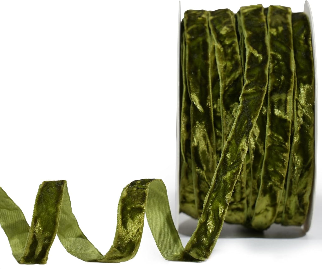 MAYREEL 3/8 Inch Moss Green Crushed Velvet Ribbon Olive Green Vintage for Flower Bouquet Gift Wrapping Wedding Invitations Crafts Christmas Decorations Party 25 Yards