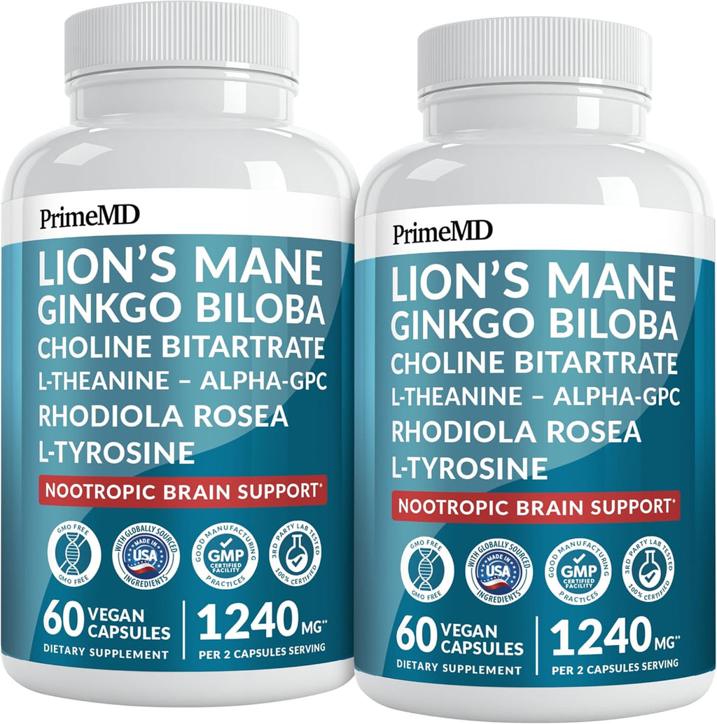 14-in-1 Lions Mane Supplement Capsules - Nootropic Brain Supplement with Ginkgo Biloba for Brain Support, Memory and Focus - Alpha GPC, L Theanine and Choline Supplements with 1300mg Per Serving - 2pk