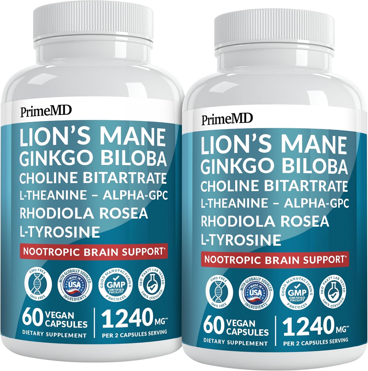 14-in-1 Lions Mane Supplement Capsules - Nootropic Brain Supplement with Ginkgo Biloba for Brain Support, Memory and Focus - Alpha GPC, L Theanine and Choline Supplements with 1300mg Per Serving - 2pk