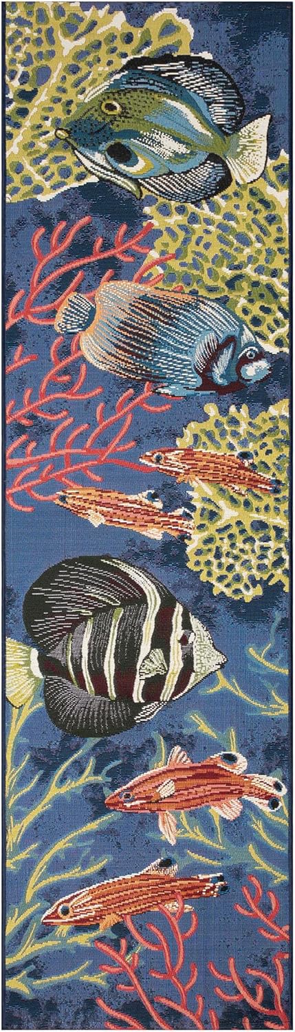 Liora Manne Marina Indoor/Outdoor Power Loomed Synthetic Blend Low Profile Area Rug - Transitional Graphic Coastal Animal Colorful (Fish Navy) (1'11" x 7'6")