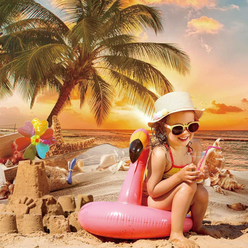 6X8ft Polyester Summer Beach Seaside Sunset Backdrop Tropical Hawaiian Ocean Palm Tree Photography Background for Aloha Luau Party Decoration Supplies Banner Photo Booth Props