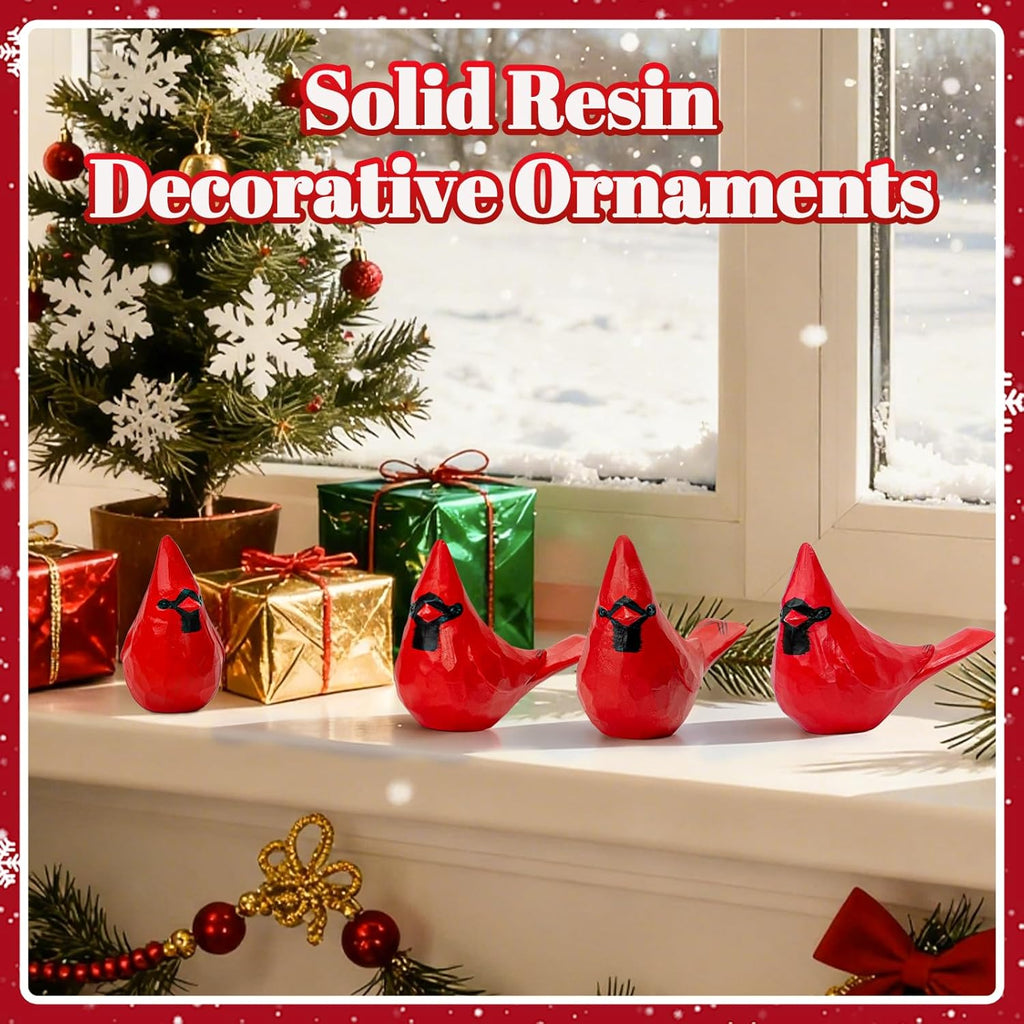 OneBird Christmas Decorations Cardinal Figurines, 4pcs Solid Resin Red Bird Crafts for Home Christmas Decoration