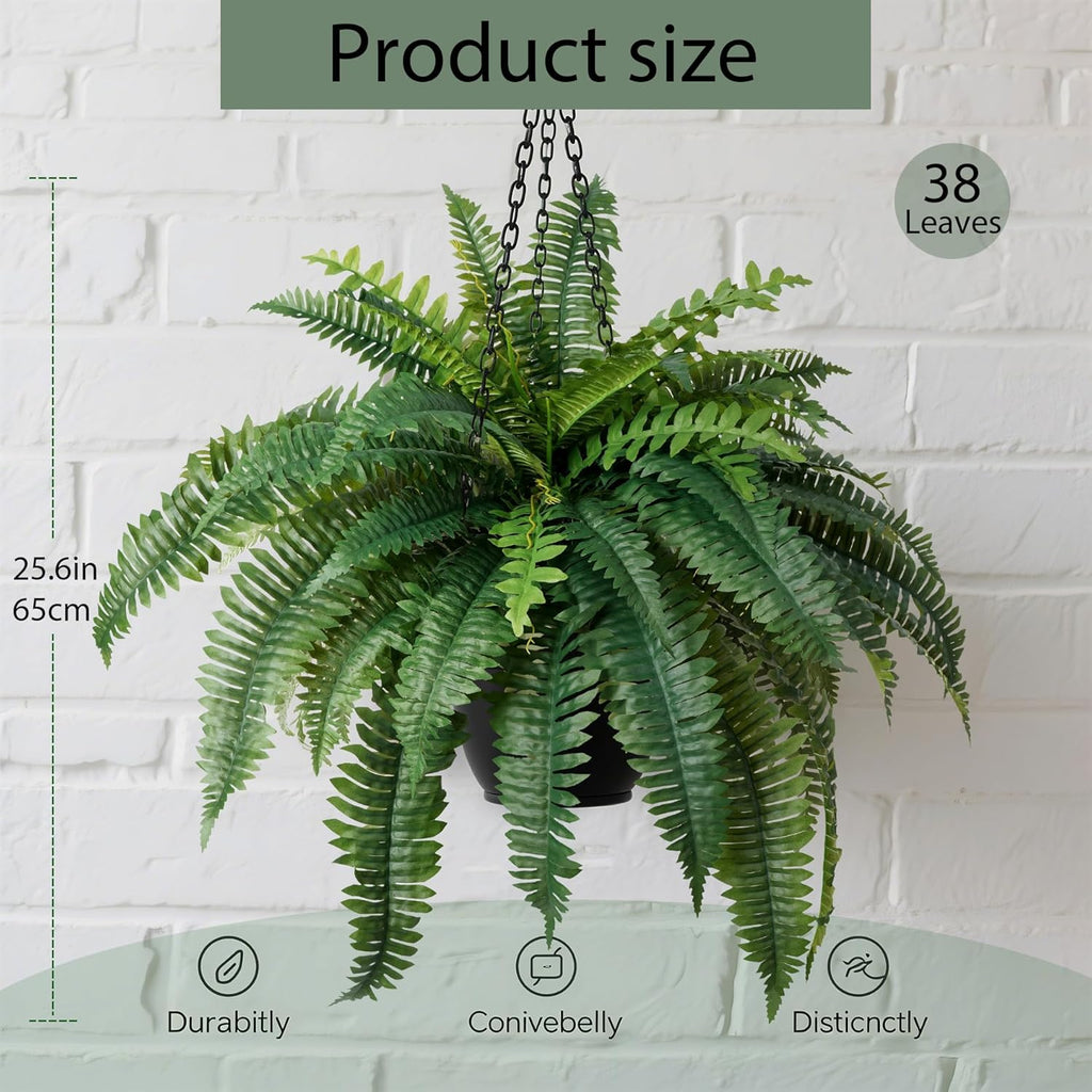 Fake Ferns Artificial Ferns for Outdoors 4Pack Large Faux Ferns UV Resistance for Outdoor Large Planter Realistic Artificial Boston Fern Plants for Garden Balcony Terrace Decor，25.6In,38Leaves