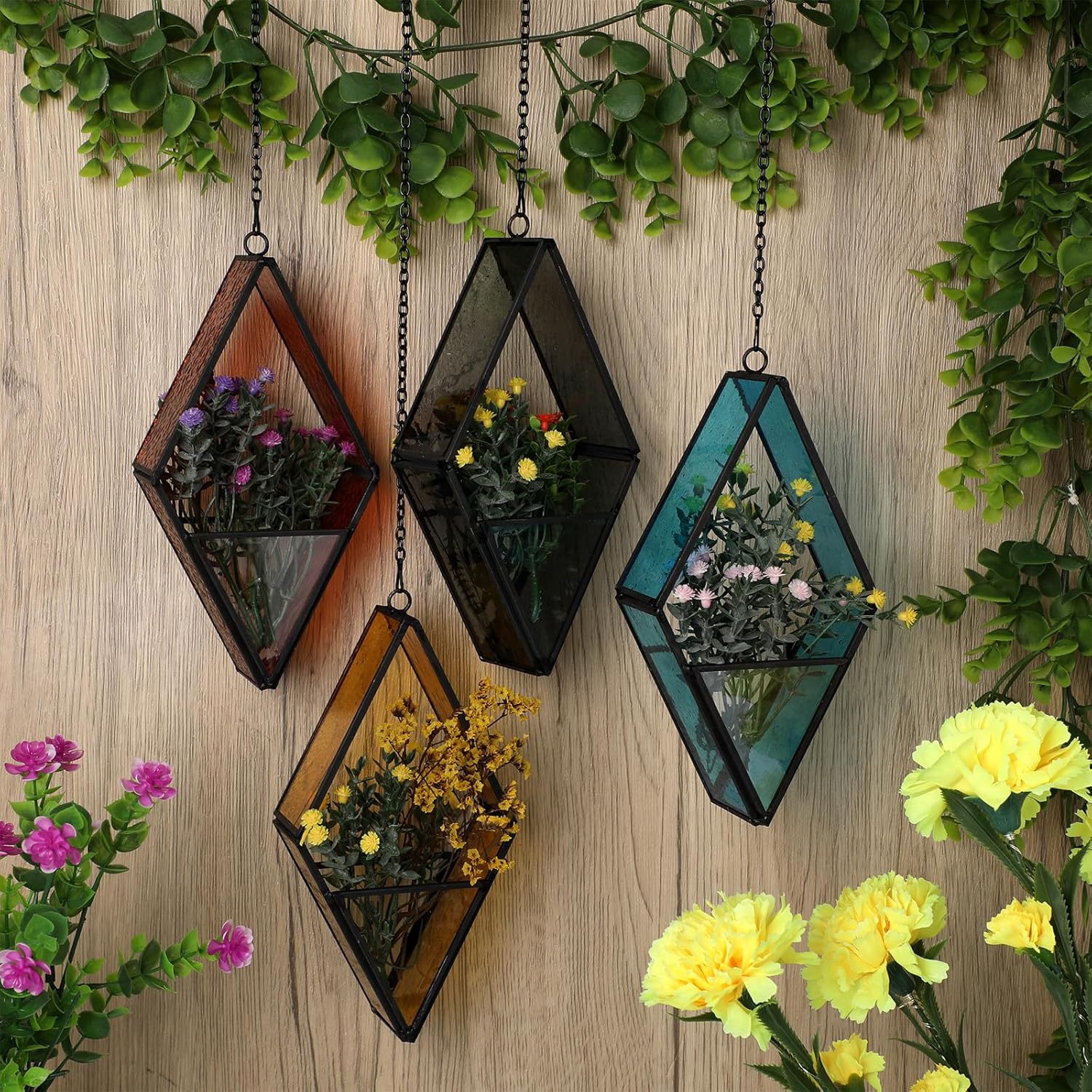 Hushee 4 Pcs Stained Glass Hanging Plant Terrariums Hanging Glass Planter Air Plant Holders with Chain for Window Christmas Home Decor Gifts for Mom Women, 7.87 x 3.94 x 1.97 Inch(Cute Color)