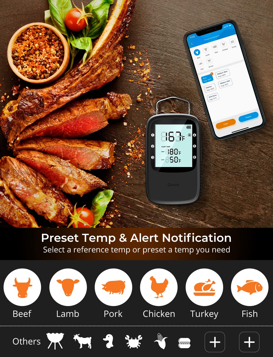 Govee Bluetooth Meat Thermometer, Wireless Meat Thermometer for Smoker Oven, Digital Grill Thermometer with 6 Probes, Timer Mode, Smart LCD Backlight BBQ Thermometer for Cooking Turkey Fish Beef