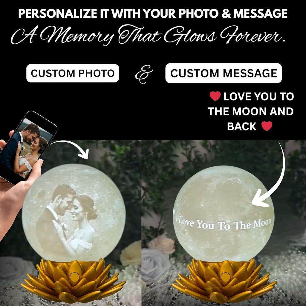 Personalized Moon Lamp with Custom Photo & Text - 3D Printed Night Light - Custom Moon Lamp - 3 Temp Led - Unique Gifts for Women, Girlfriend - Decor for Weddig Anniversary, Birthday
