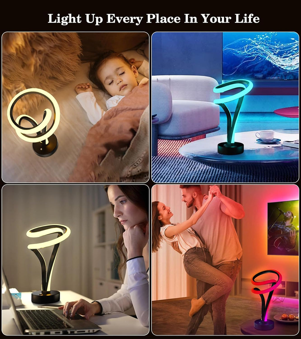 RGB Desk Lamp, Spiral Lamp for Night Stand & Bedside - 7 Colors Touch Dimmable, 10 Lighting Modes, USB Powered Desk Night Light for Bedroom, Office, Ideal Gift (Black)