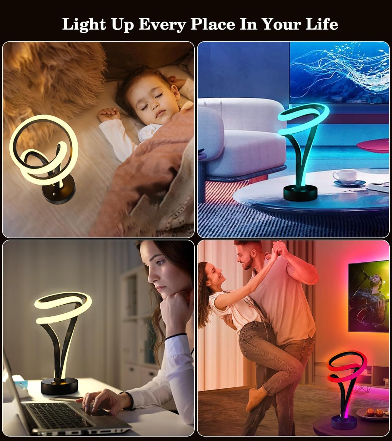 RGB Desk Lamp, Spiral Lamp for Night Stand & Bedside - 7 Colors Touch Dimmable, 10 Lighting Modes, USB Powered Desk Night Light for Bedroom, Office, Ideal Gift (Black)