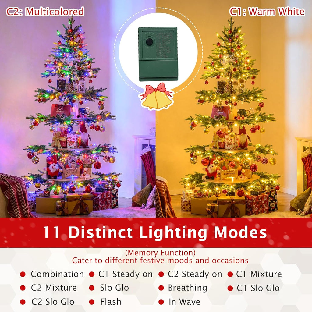 Goplus 6.4 FT Pre-Lit Rotating Christmas Tree with Display Shelves, 360° Rotatable Base, 220 Warm White & Multicolored LED Lights, 11 Modes, 280 Branch Tips, Hinged Artificial Xmas Tree for Home