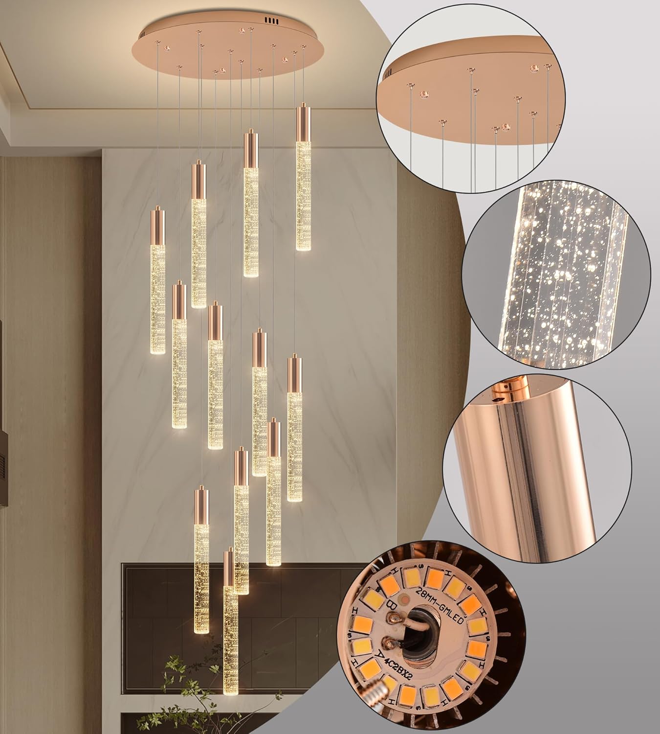 Modern High Ceiling Crystal Chandelier 12-Lights, Large Spiral LED Raindrop Foyer Pendant Lighting, Bubble Staircase Living Room Hanging Light Fixture Flush Mount Gold