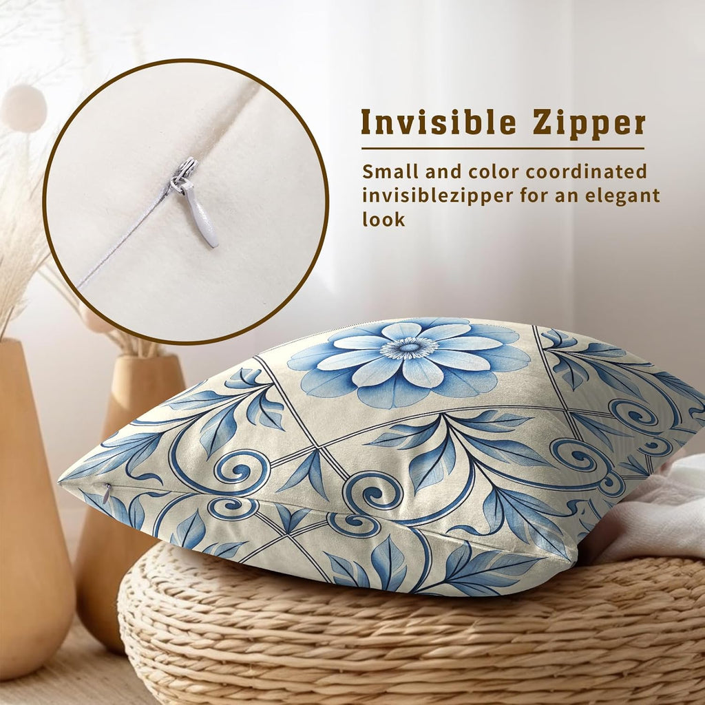 Blue and White Floral Throw Pillow Covers Set of 2 Ultra-Soft All-Season Pillow Shams with Hidden Zipper,Durable for Sofa Bed Car Decor & Gift 18x18IN