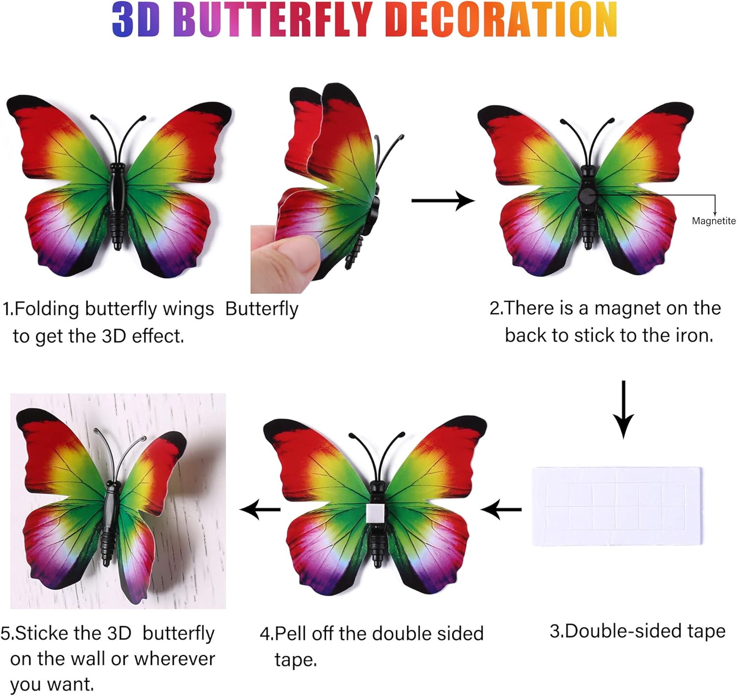 LiveGallery 72 PCS 6 Colors Removable 3D DIY Beautiful Butterfly Wall Decals Colorful Butterflies Art Decor Wall Stickers Murals for Kids Baby Boy Girls Bedroom Classroom Offices (Rainbow)