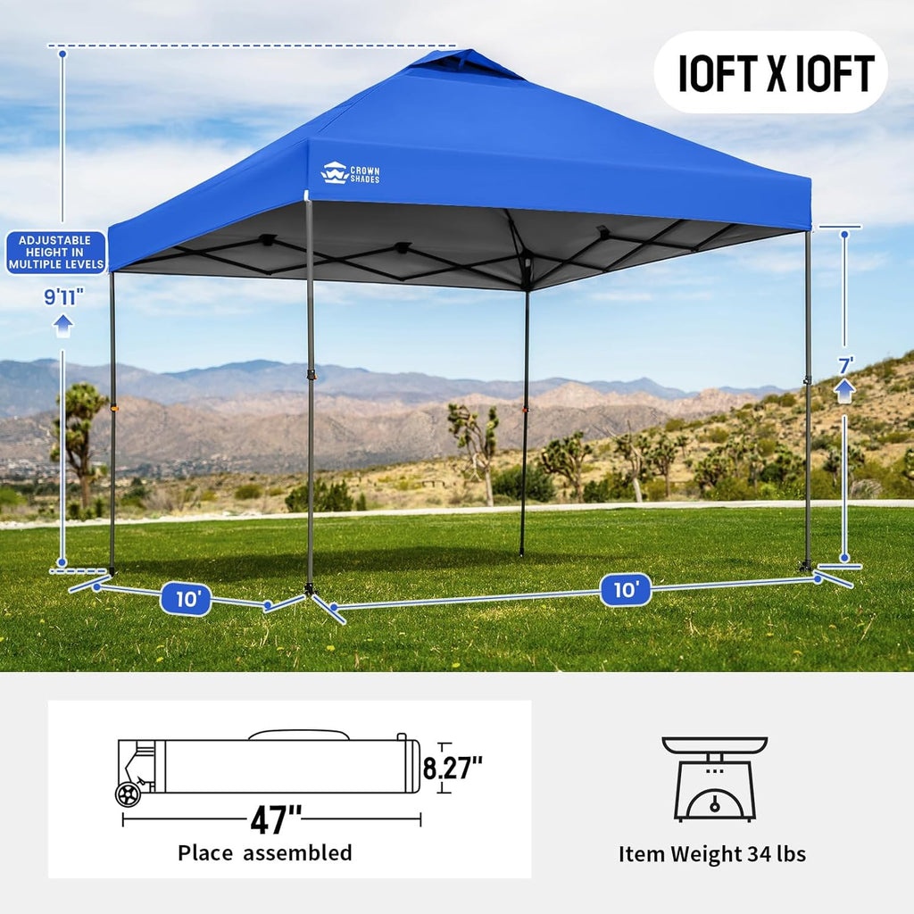 CROWN SHADES Adjustable Height on The Fly, 10x10 Pop Up Canopy - Beach Tent with One Push Setup - Easy Outdoor Sun Shade for Events, Parties, Camping - Outside Shade with STO-N-Go Bag, Blue