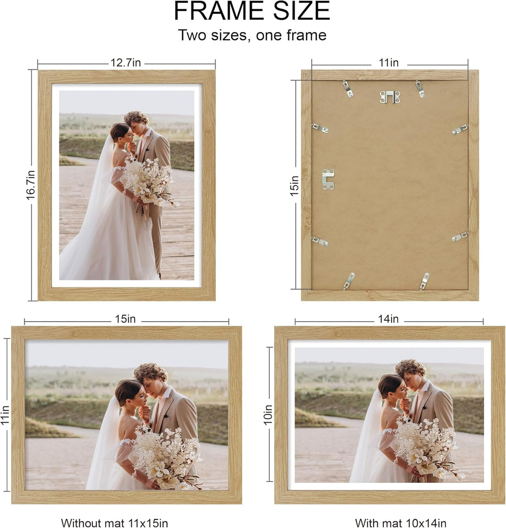 11x15 Picture Frame Set of 4, Made of Real Glass and Natural Oak Frame - Display Picture 10x14 with Mat or 11x15 Without Mat, 11 by 15 Photo for Wall Mounting
