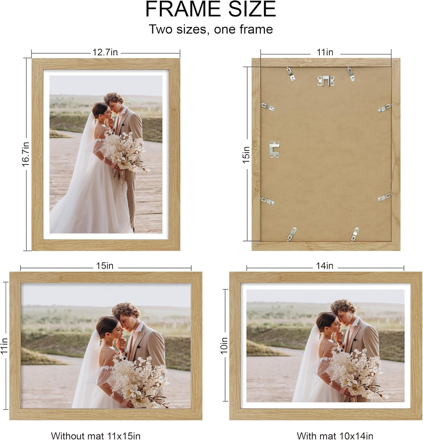 11x15 Picture Frame Set of 4, Made of Real Glass and Natural Oak Frame - Display Picture 10x14 with Mat or 11x15 Without Mat, 11 by 15 Photo for Wall Mounting