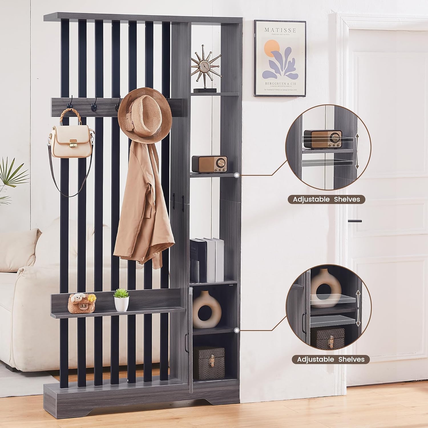 Room Divider with Shelves, Wall Room Divider Bookshelf, Freestanding Wood Privacy Screen with Storage Cabinet, Coat Rack, Display Shelf for Living Room Separation, Home Office Decorative