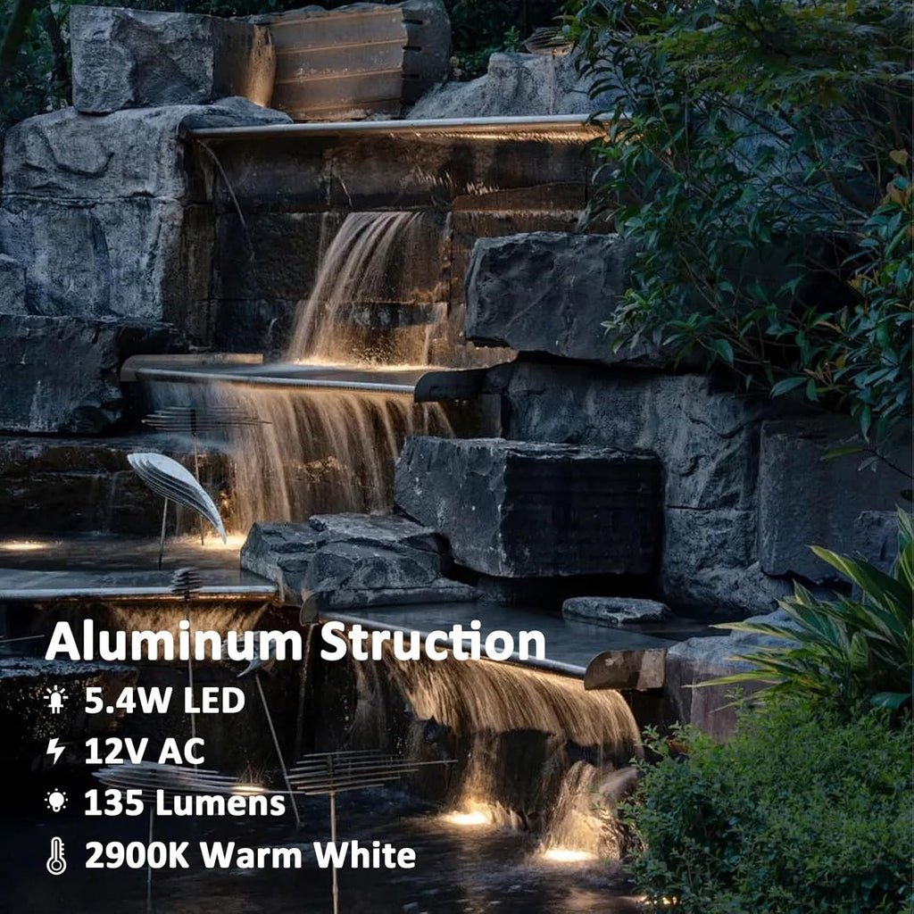Low Voltage Pond Lights 6PK Landscape Lighting Submersible Light 2900K Warm White 5.4W 135 Lumens Underwter Lights Floodlight with 15FT Wire for Swimming Pool, Fountain, Pond