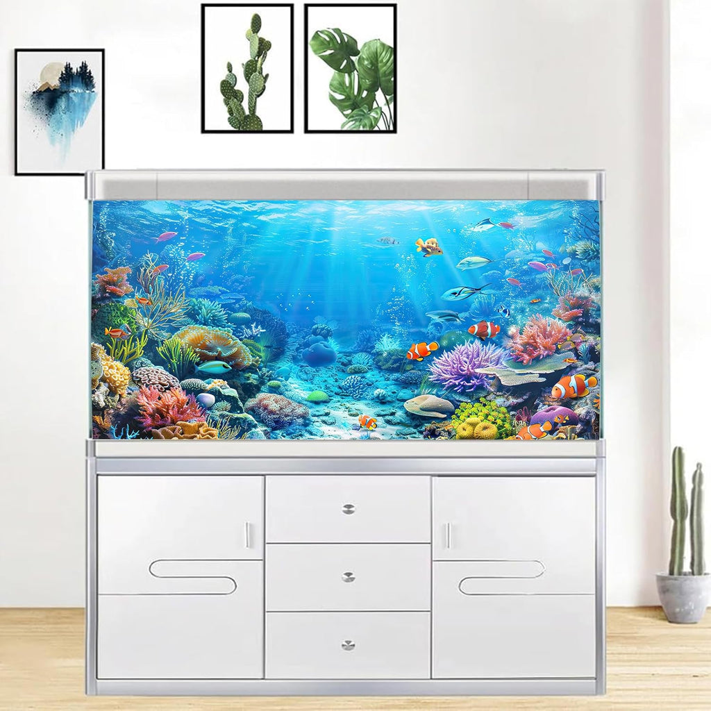 Underwater World Aquarium Background, Seaworld Ocean Floor Tropical Fish Coral Reef Aquatic Nature Plant Fish Tank Backdrop Decor, Polyester Fabric with 6 EVA Double-Sided Tapes 36x18 inches/90x45cm