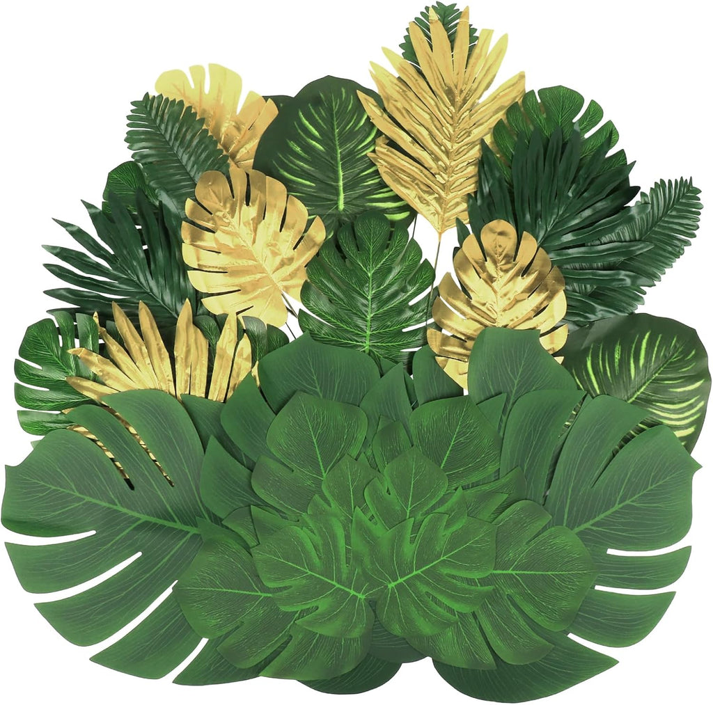 84 Pieces 10 Kinds Artificial Tropical Palm Leaves Safari Jungle Leaves with Stems Golden Leaf Decorations for Hawaiian Luau Party Beach Baby Shower Birthday Theme Table Wedding Decorations