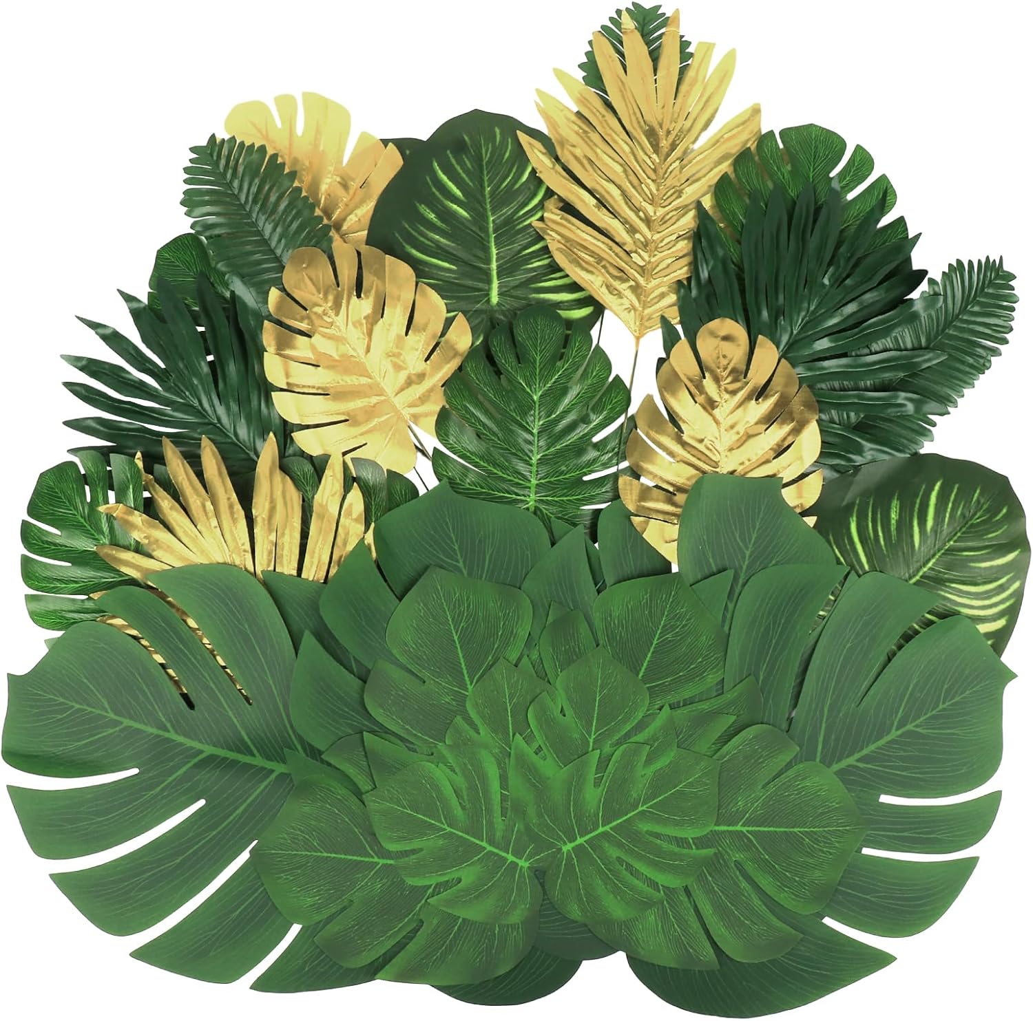 84 Pieces 10 Kinds Artificial Tropical Palm Leaves Safari Jungle Leaves with Stems Golden Leaf Decorations for Hawaiian Luau Party Beach Baby Shower Birthday Theme Table Wedding Decorations