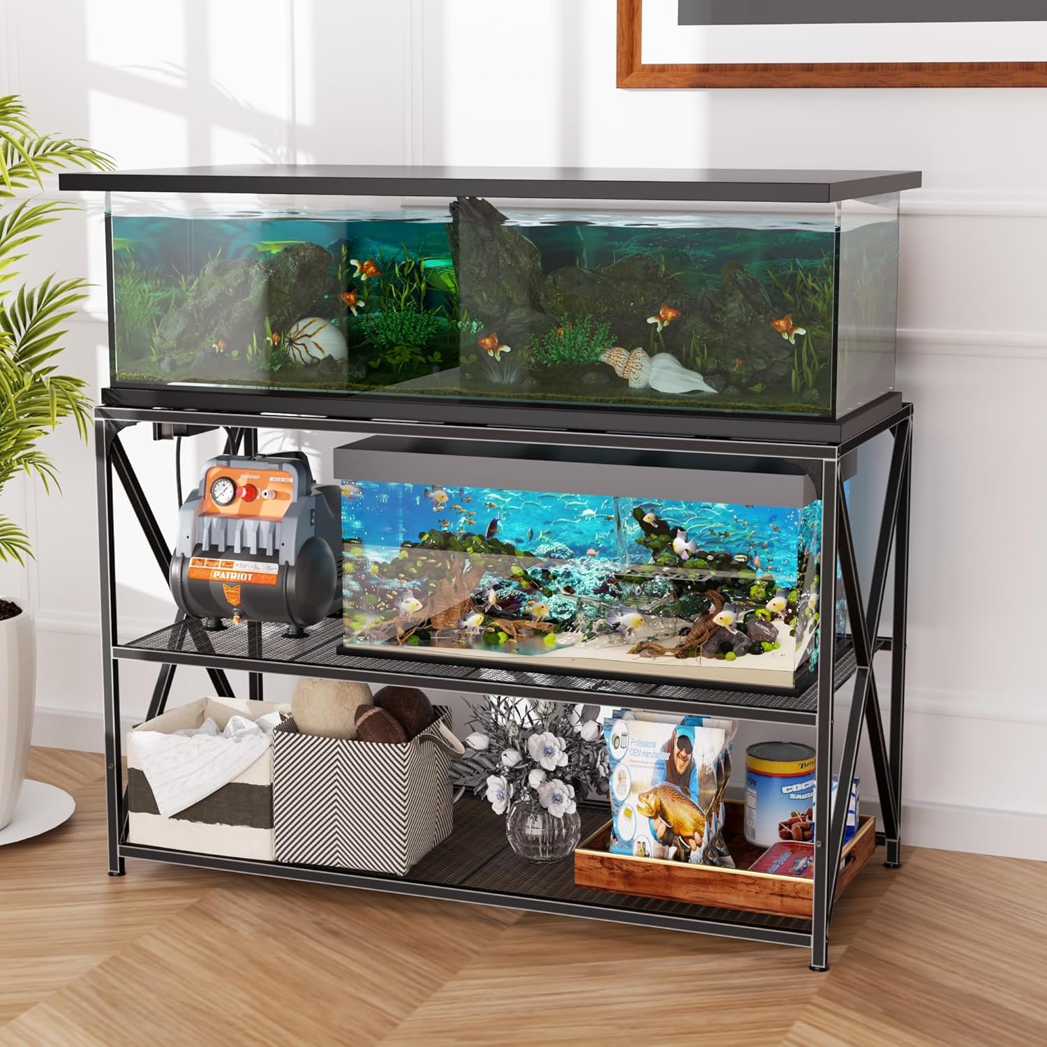 55-75 Gallon Fish Tank Stand, 49.2 x 19.7X 31.5 Inch,Industrial Aquarium Stand with Power Outlet and Switch, Turtle Tank, Reptile Terrariums and Breeder Tank Stand, Black