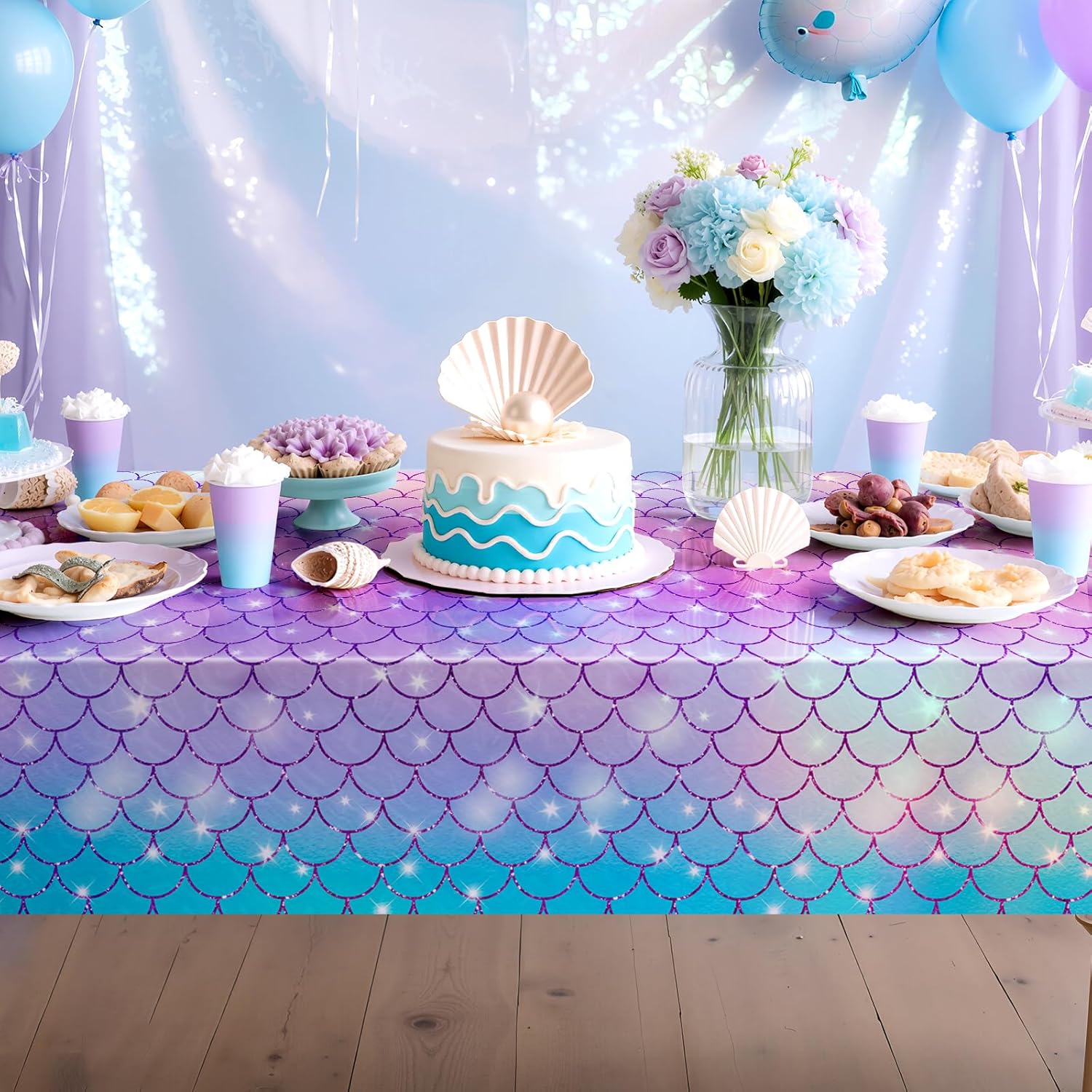 2 Pack Mermaid Tablecloth, 54x 108” Blue & Purple Disposable Table Cover, Fish Scale Design, Plastic Party Decoration for Under The Sea, Princess, Baby Shower, Kids Birthday